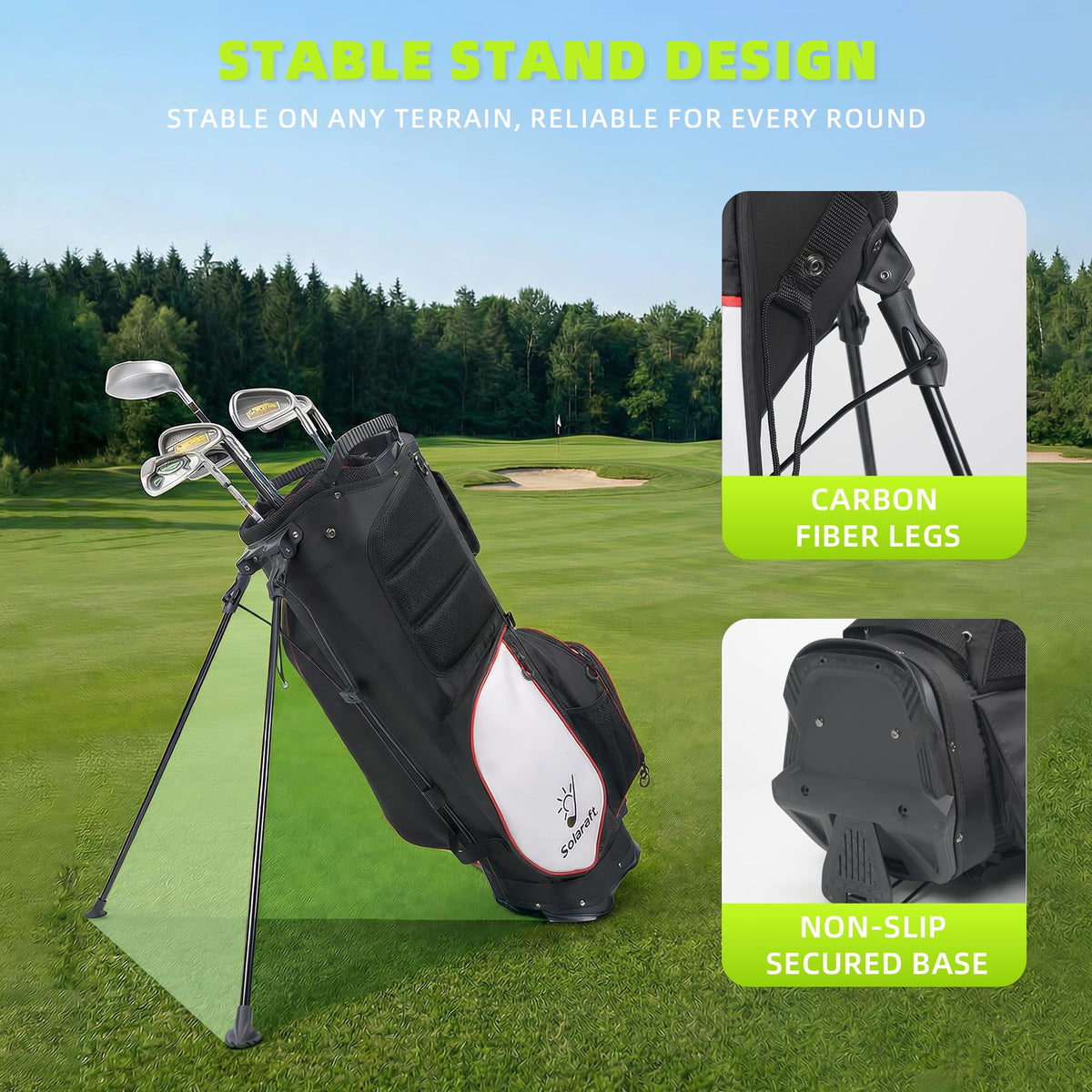 Solaraft Golf Stand Bag top view shows organized pockets and quick access.