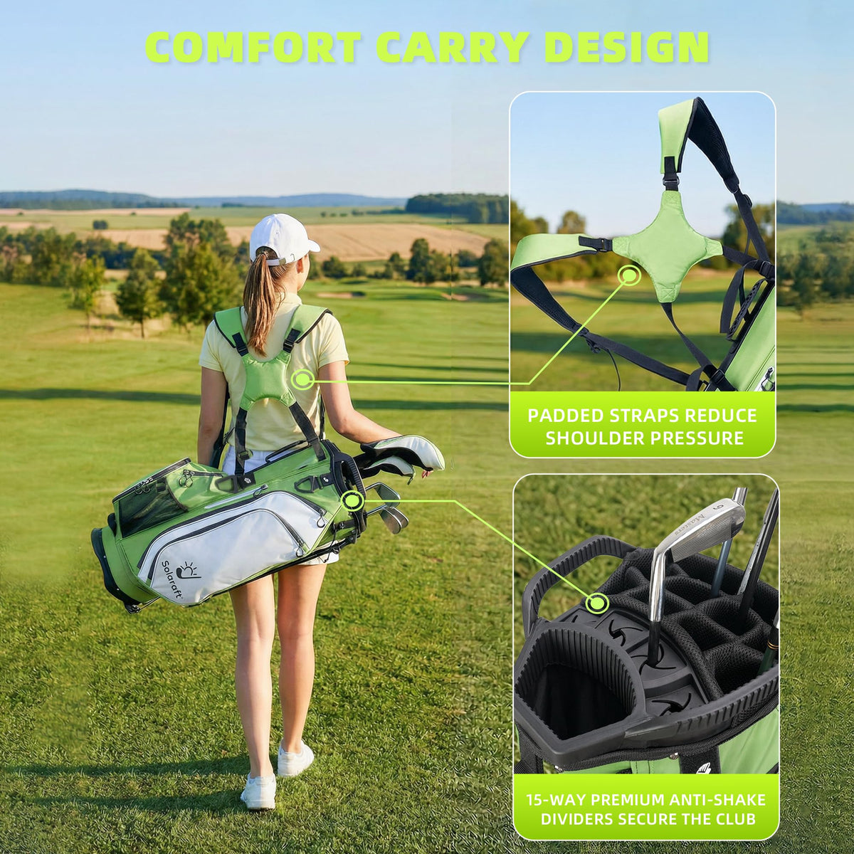 Solaraft Golf Stand Bag highlighting waterproof fabric protecting gear in wet conditions