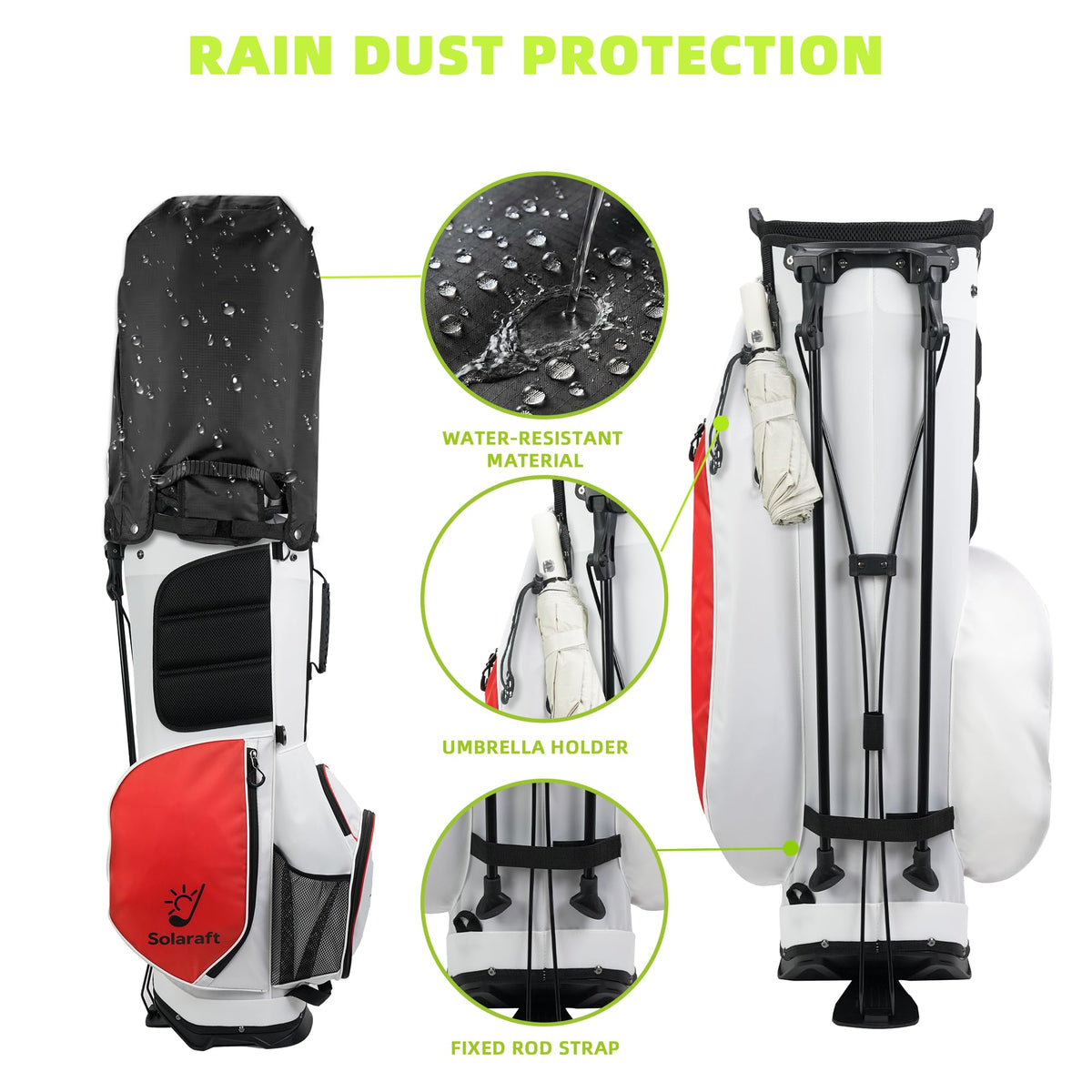 Solaraft Waterproof fabric with reinforced stitching protects gear through rain and travel.