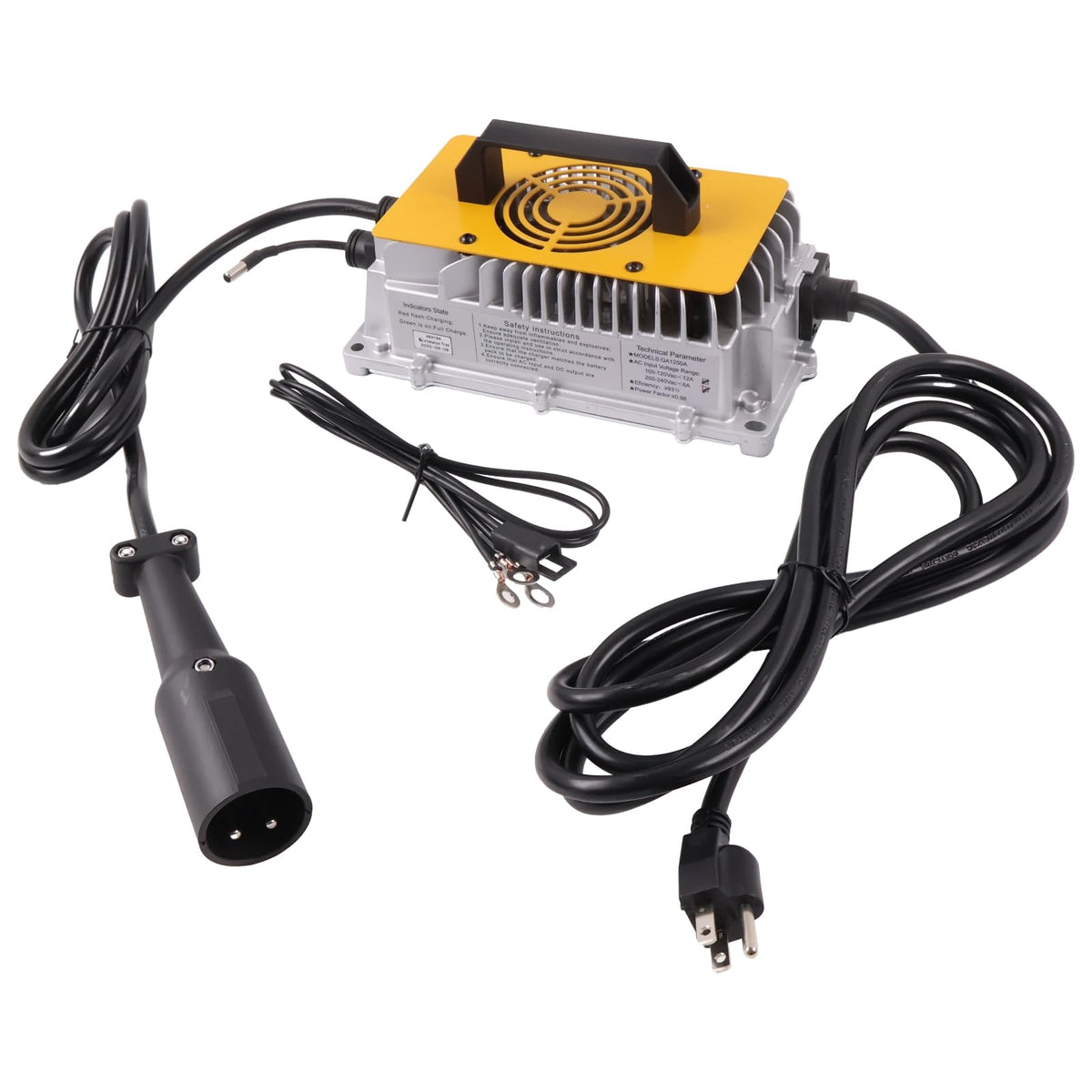 Solarhome golf cart charger front view; compact design enables easy storage