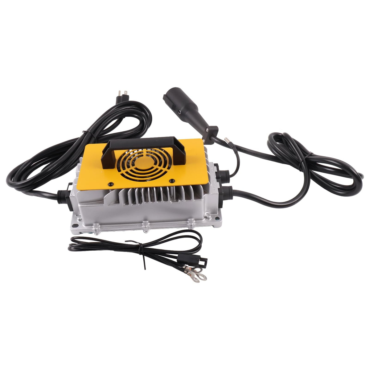 Solarhome golf cart charger side view; slim profile fits tight spaces on a Club Car