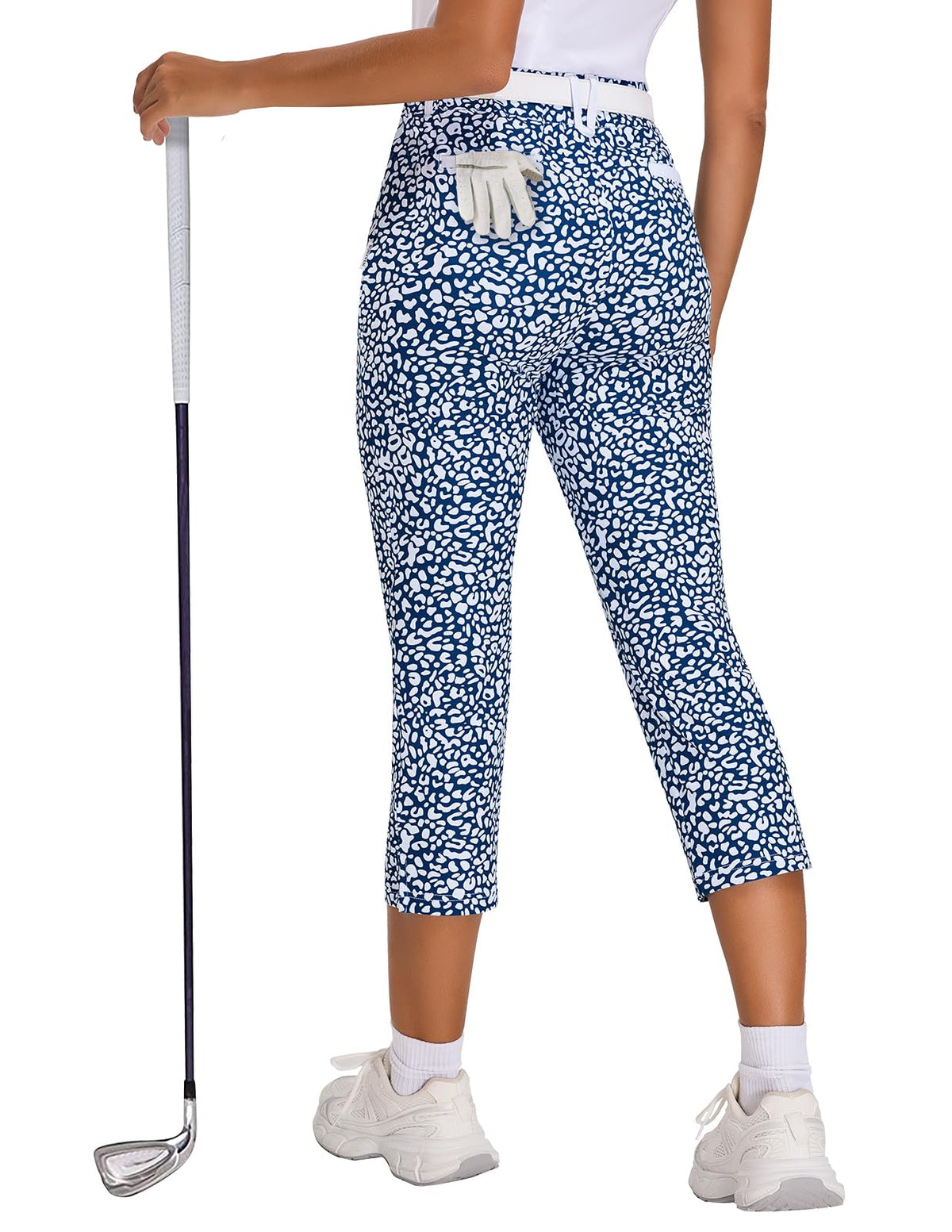 Soneven leopard ankle golf pants front view showing flattering 7/8 silhouette for everyday comfort.