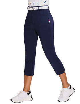 Soneven navy ankle pants back view emphasizing smooth silhouette for business casual wear