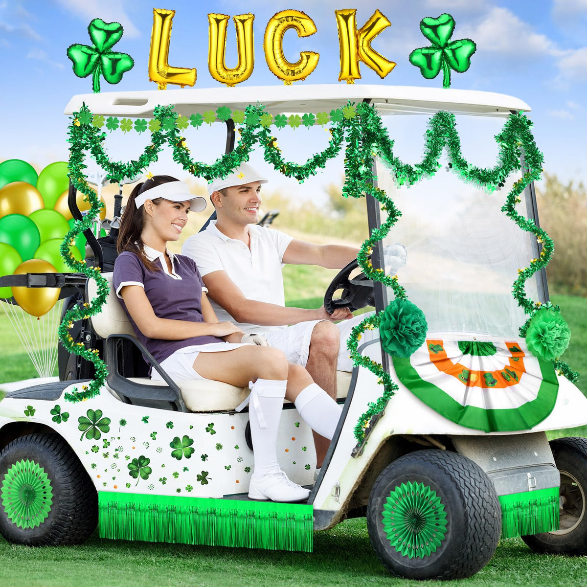 Sonwyoung garlands brighten the golf cart for festive St. Patrick's Day décor
