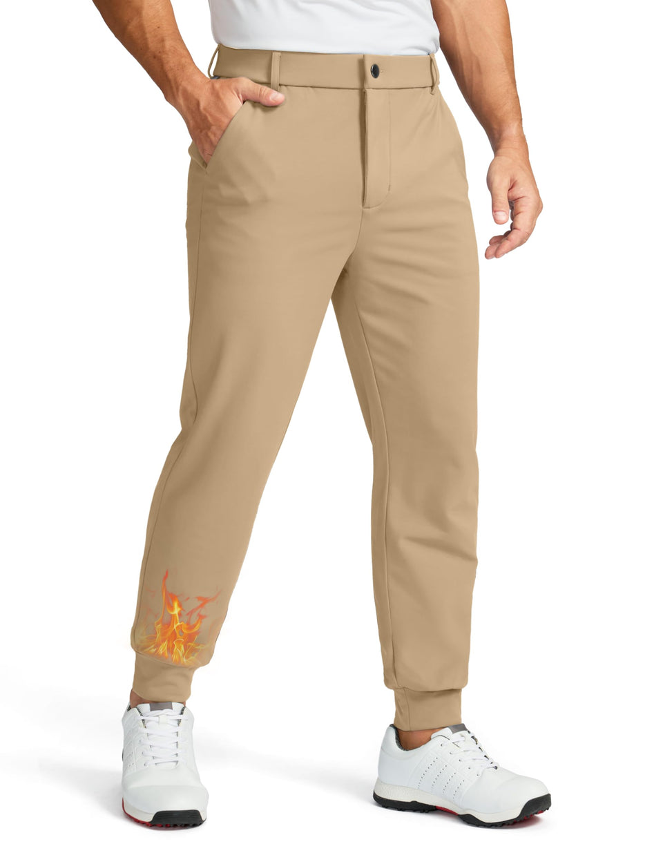 Soothfeel fleece-lined golf joggers in khaki with front pockets for warm, flexible wear