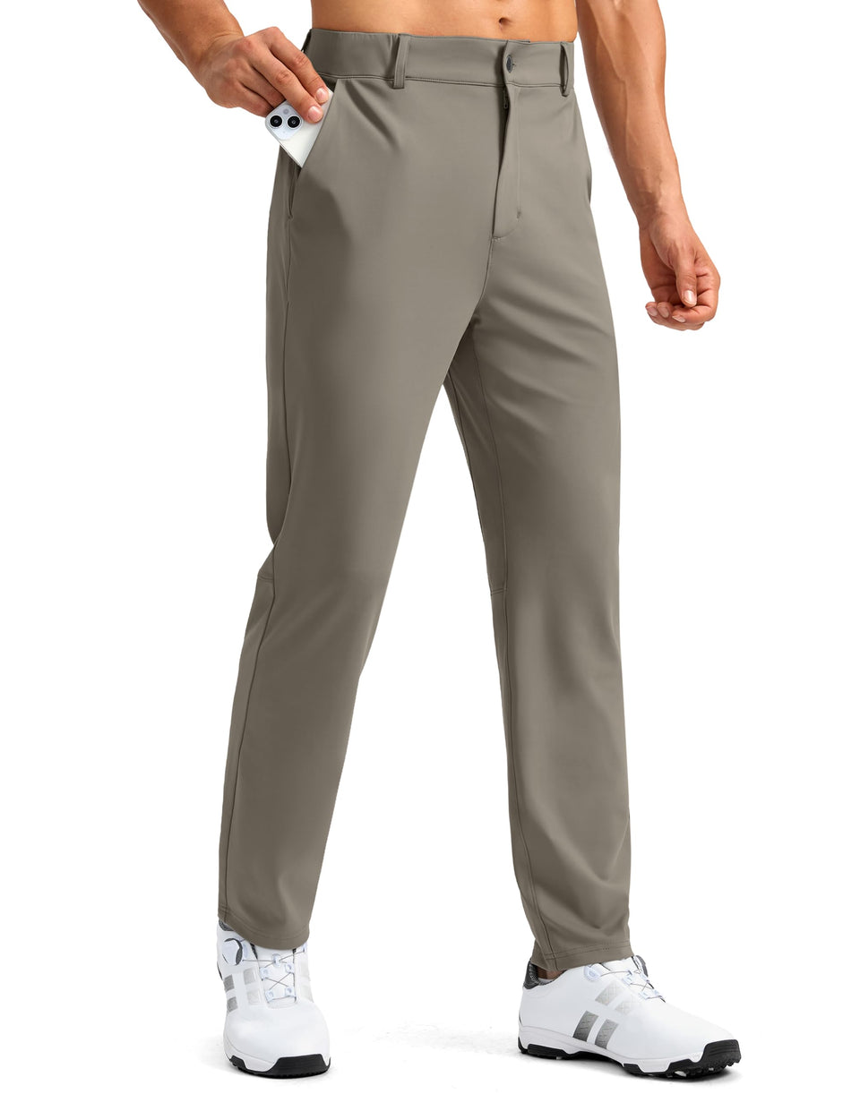 Soothfeel Men’s Golf Pants carbon dust front view shows slim-fit design and comfortable movement.