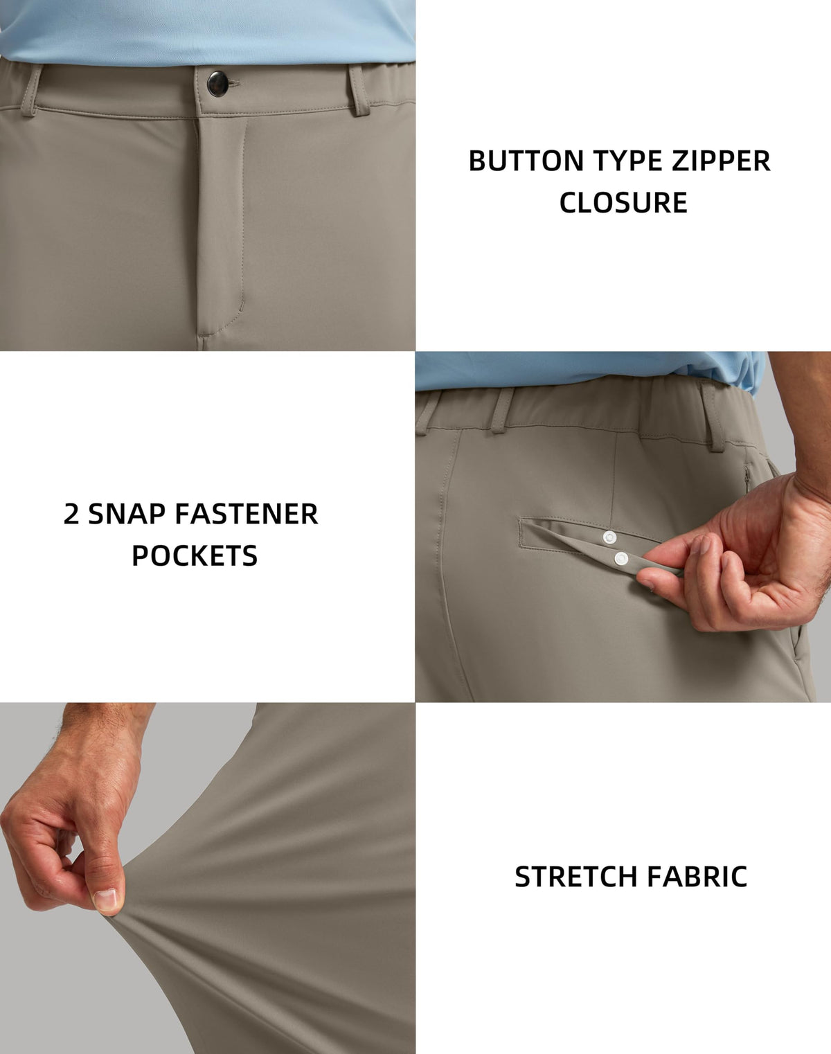 Soothfeel Men’s Golf Pants carbon dust zip pocket keeps phone or wallet safe.