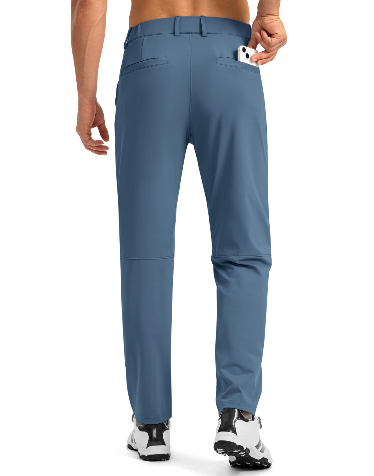Soothfeel men's golf pants slate blue back pocket demonstrates practical scorecard storage
