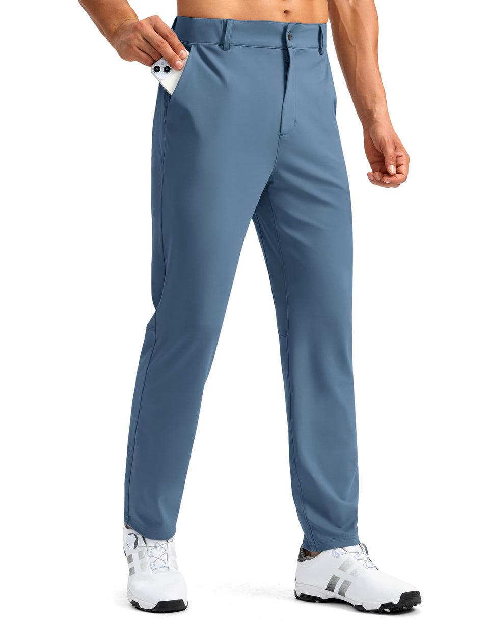 Soothfeel men's golf pants slate blue full view highlights slim fit and versatile wear