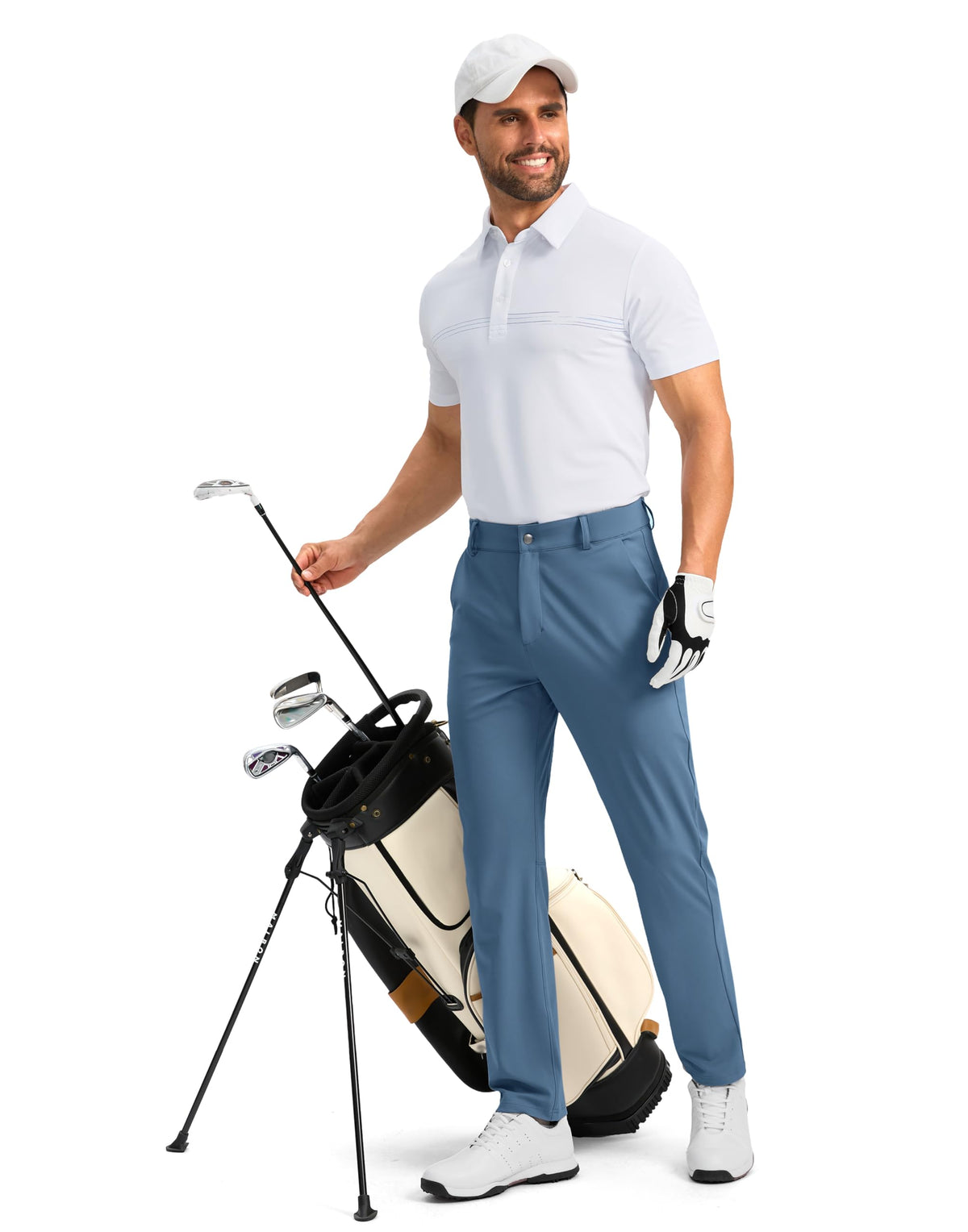 Soothfeel men's golf pants slate blue on-model action highlights performance-ready style