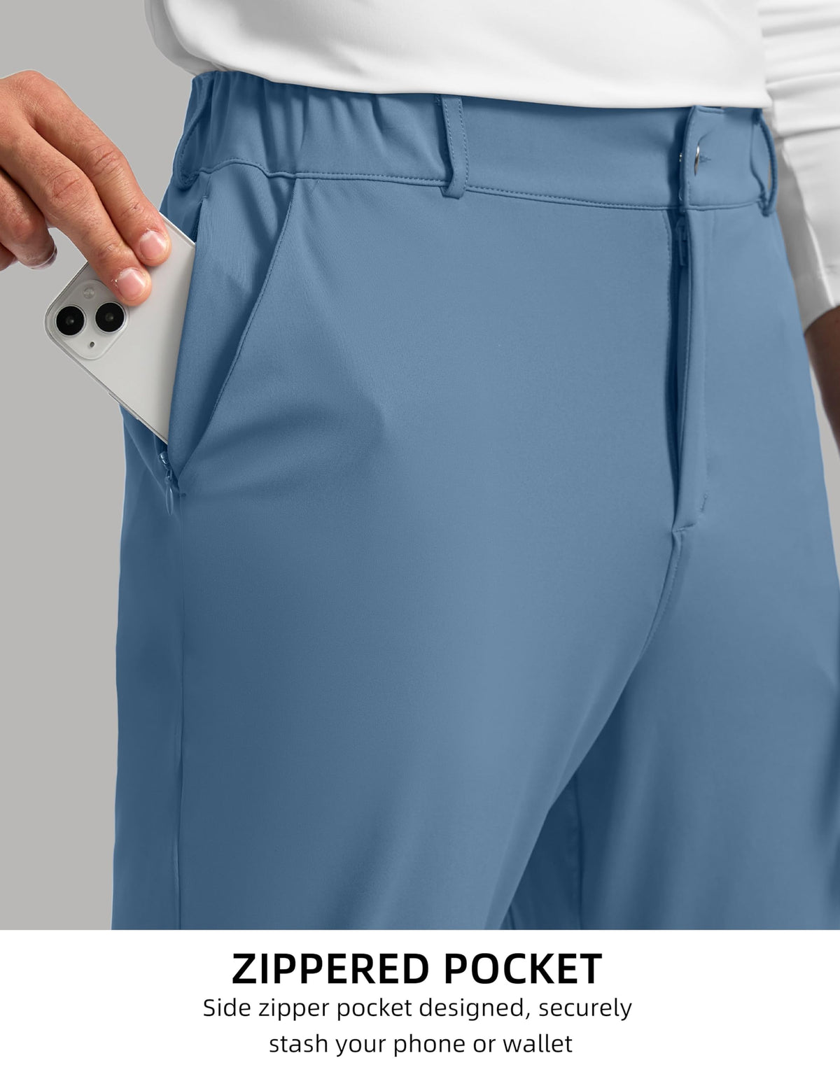 Soothfeel zippered fly and button closure keeps valuables secure during wear