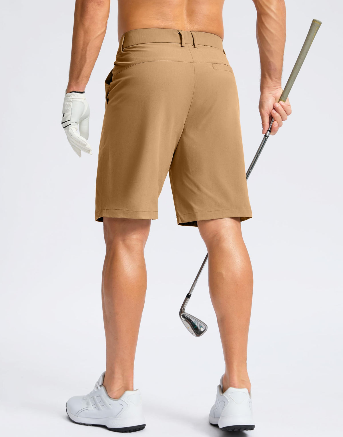 Soothfeel shorts back pocket detail in dark khaki, secure storage for tees and small items.