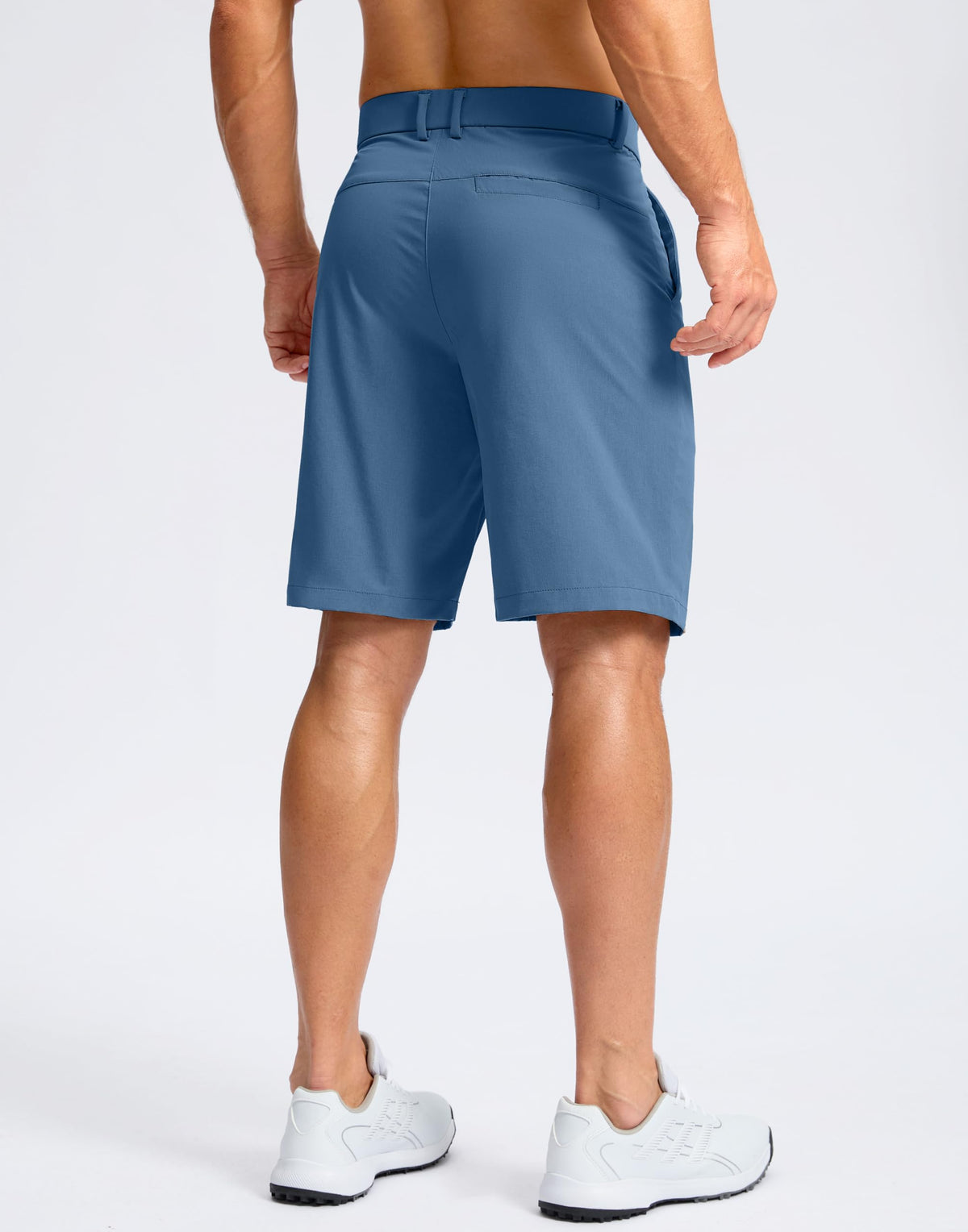 Soothfeel men's golf shorts blue back pocket detail demonstrates secure storage for tees and small accessories.