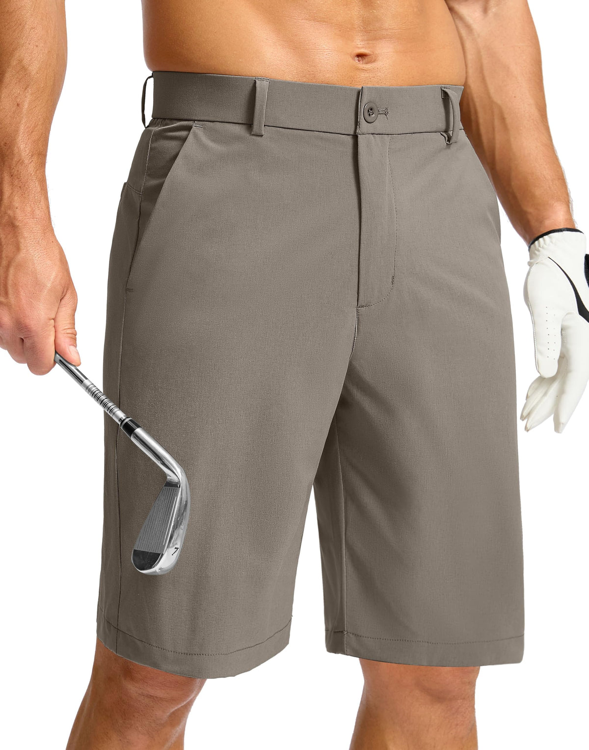 Soothfeel men's golf shorts flat-front stone grey, 7-inch inseam for clean on-course style.
