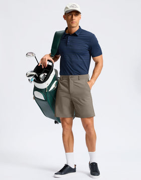 Soothfeel men's golf shorts model wearing stone grey, showcasing length options