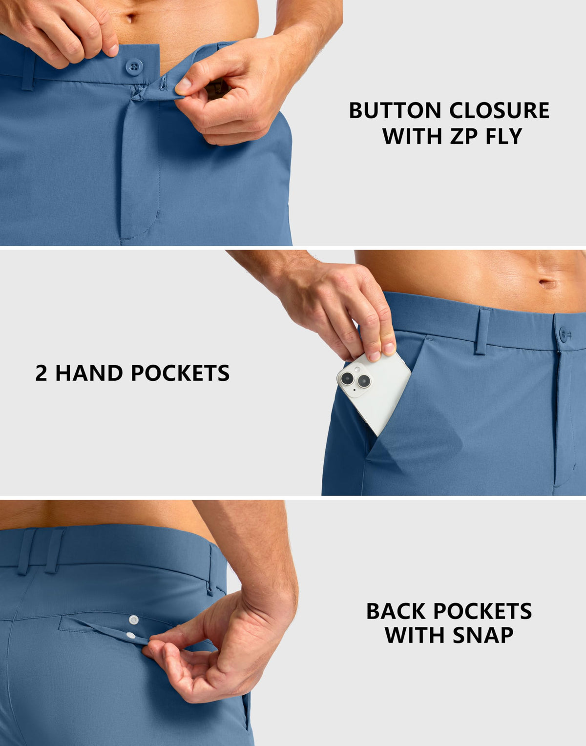 Soothfeel shorts pocket-detail blue with 3 secure pockets for tees and accessories.