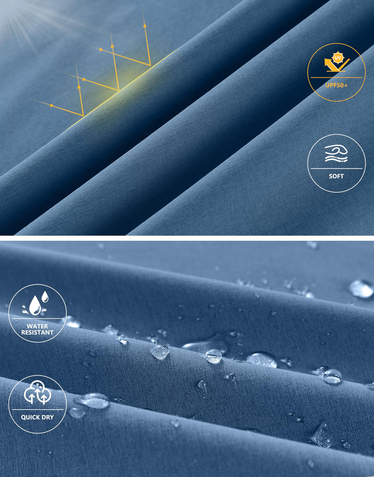 Soothfeel blue shorts with a water-repellent finish for light showers on outdoor days.