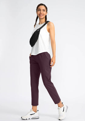 Soothfeel women's 4-pocket pants back view in wine, pockets ready for essentials