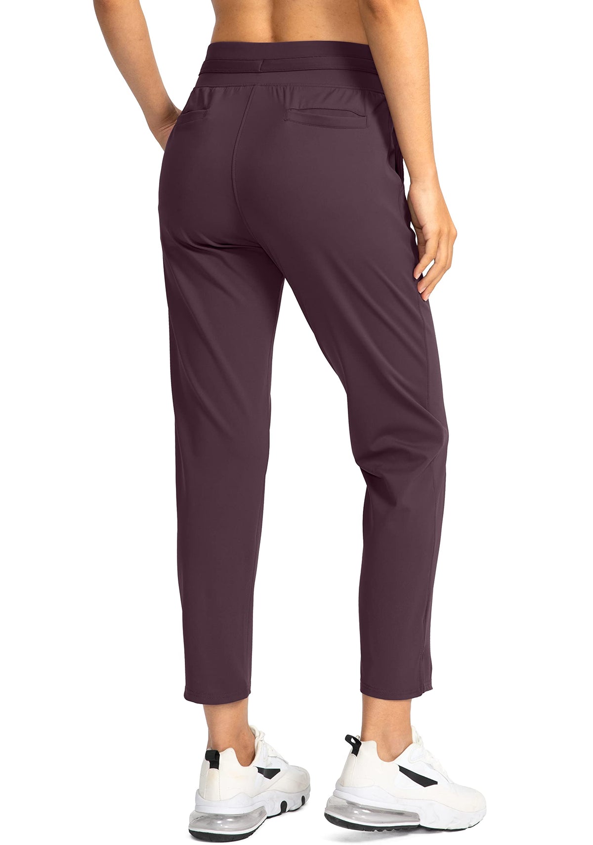 Soothfeel women's 7-8 length pants close-up in wine, high waist detail