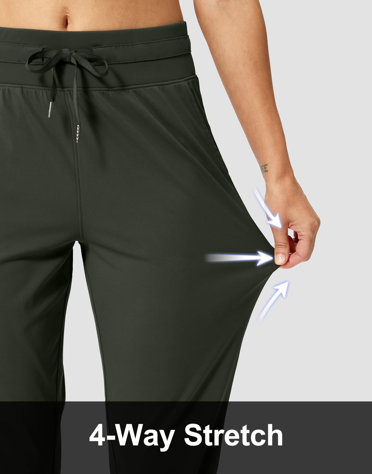 Back pocket detail on olive green Soothfeel pants ideal for cards.