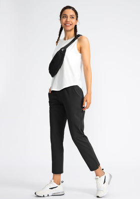 Soothfeel high-waisted drawstring pants, rear pocket view, versatile for work or golf.