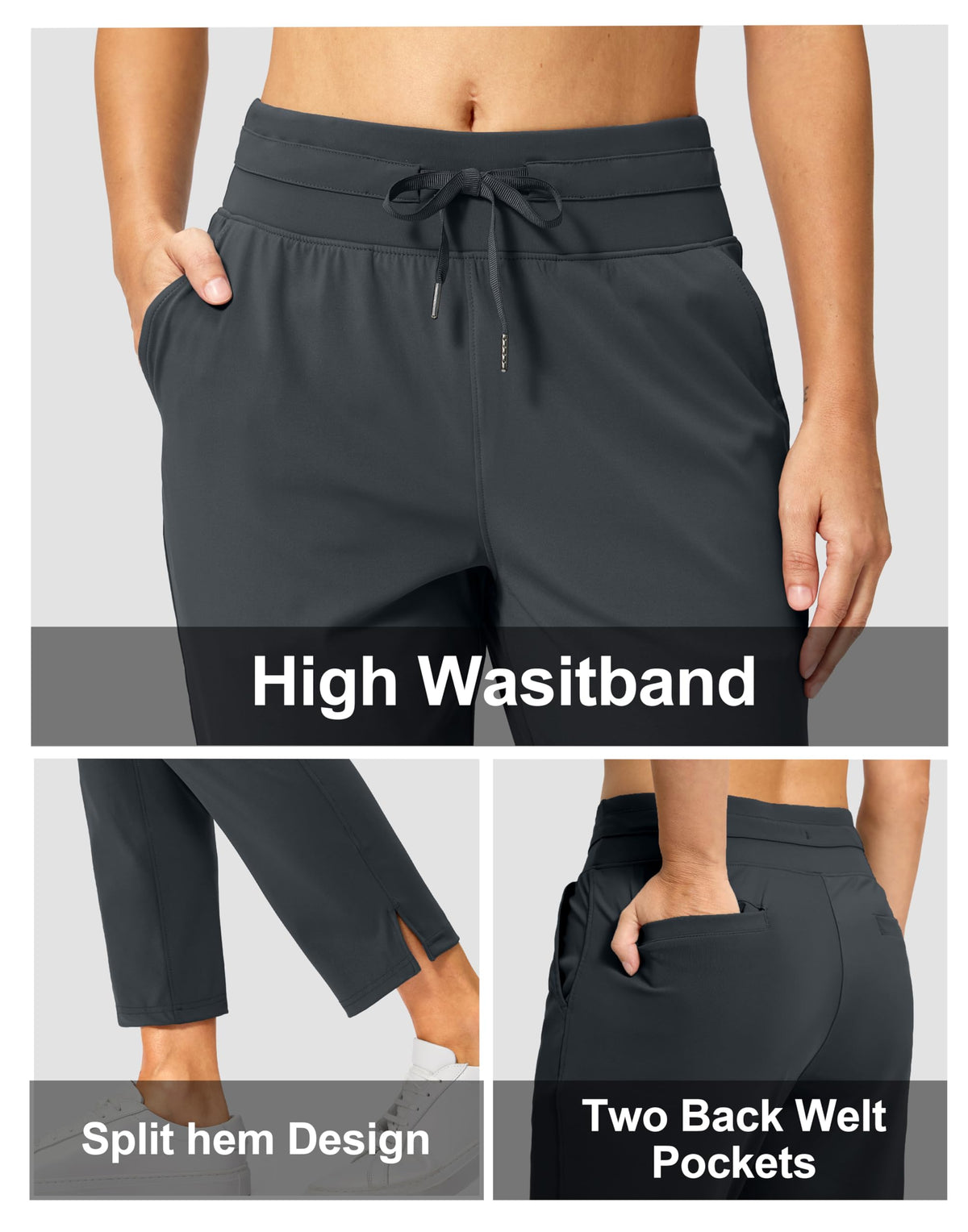 Soothfeel high-waisted pants with elastic waistband, adjustable drawstring.