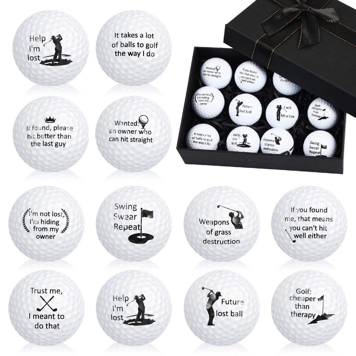 Soulchen 12-piece funny golf balls gift set in a sleek black box