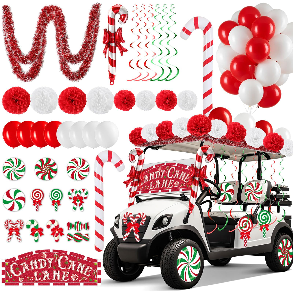 Soulchen candy cane lane banner decorating a golf cart for festive visibility