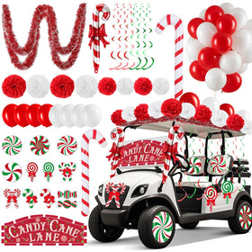 Soulchen candy cane lane banner decorating a golf cart for festive visibility
