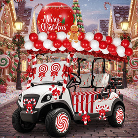 Soulchen candy cane balloons decorate a golf cart for a festive parade.