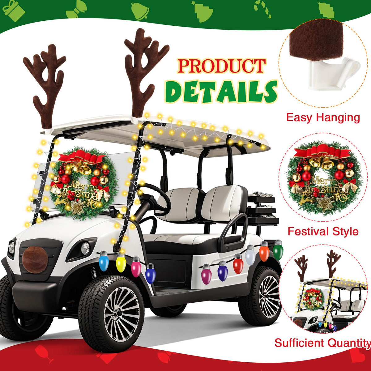 Soulchen Christmas wreath decor accents golf cart with a warm, inviting look.