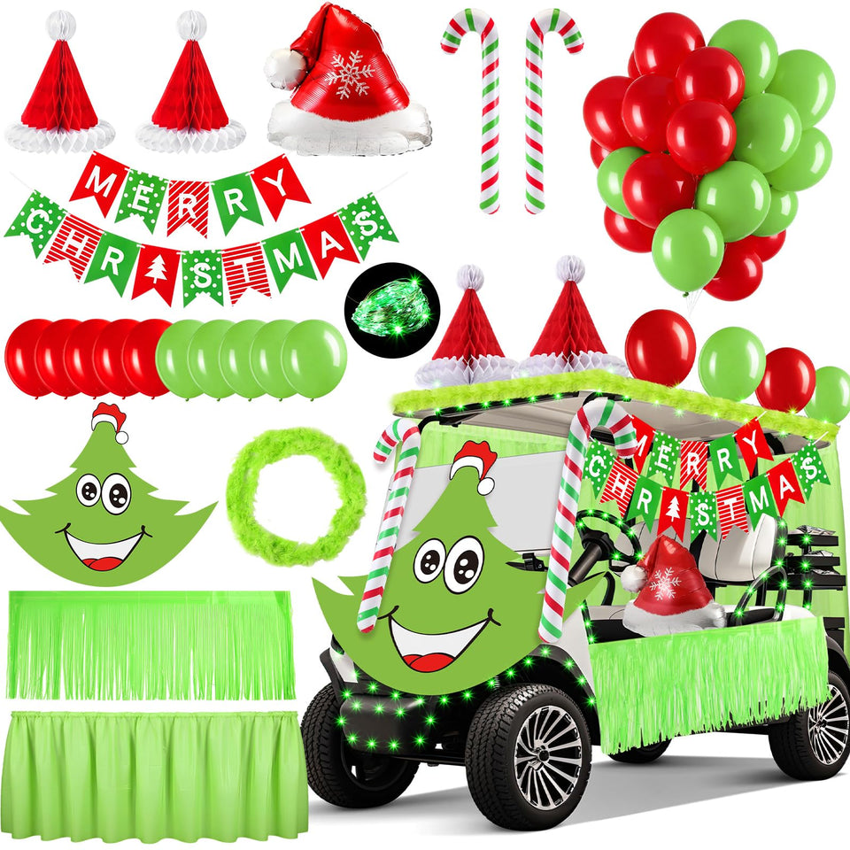 Soulchen green and red candy cane balloons add festive flair to golf cart parades.