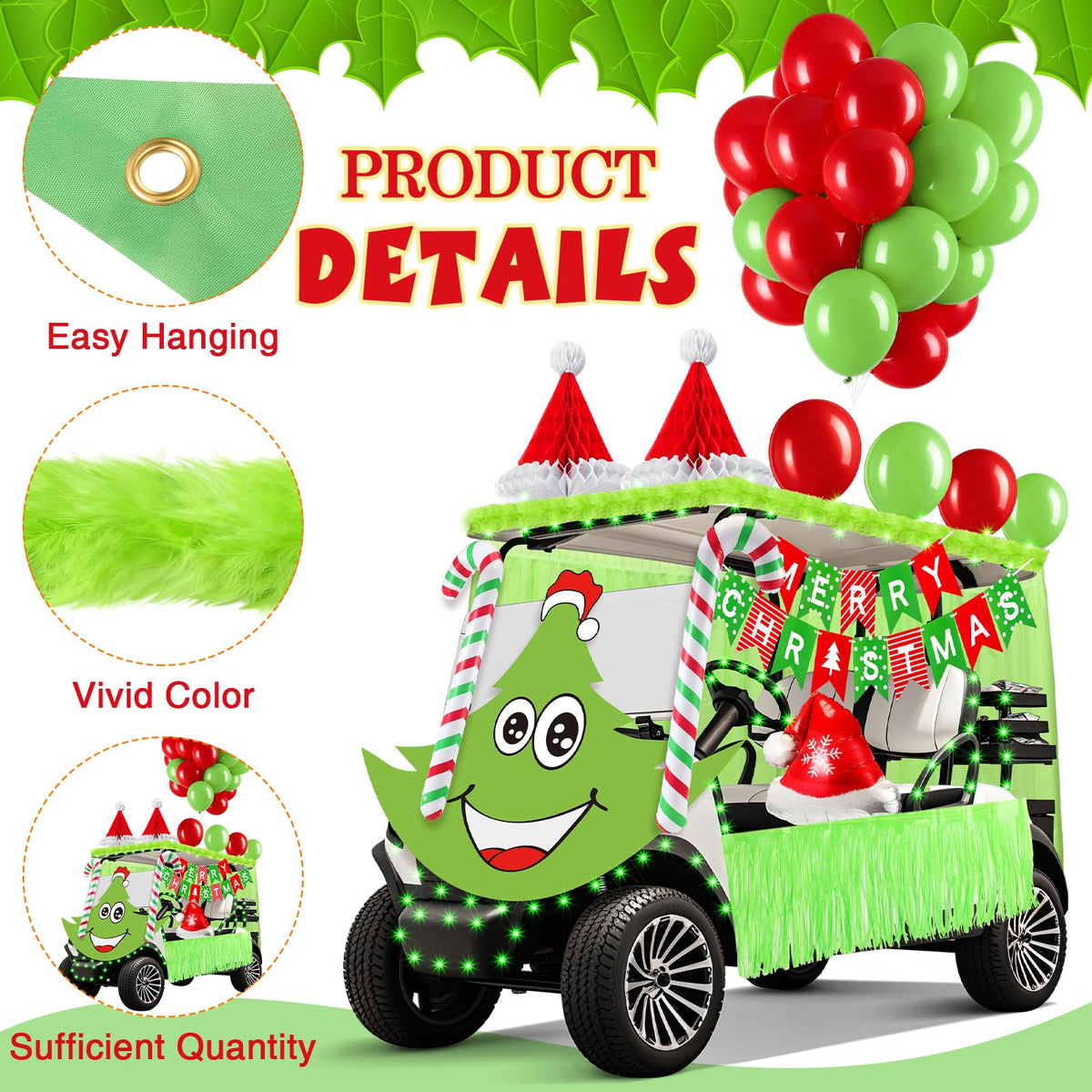 Soulchen green tablecloth grounds the Christmas decor on a golf cart.
