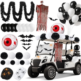 Soulchen spider web decor enhances Halloween golf cart parades