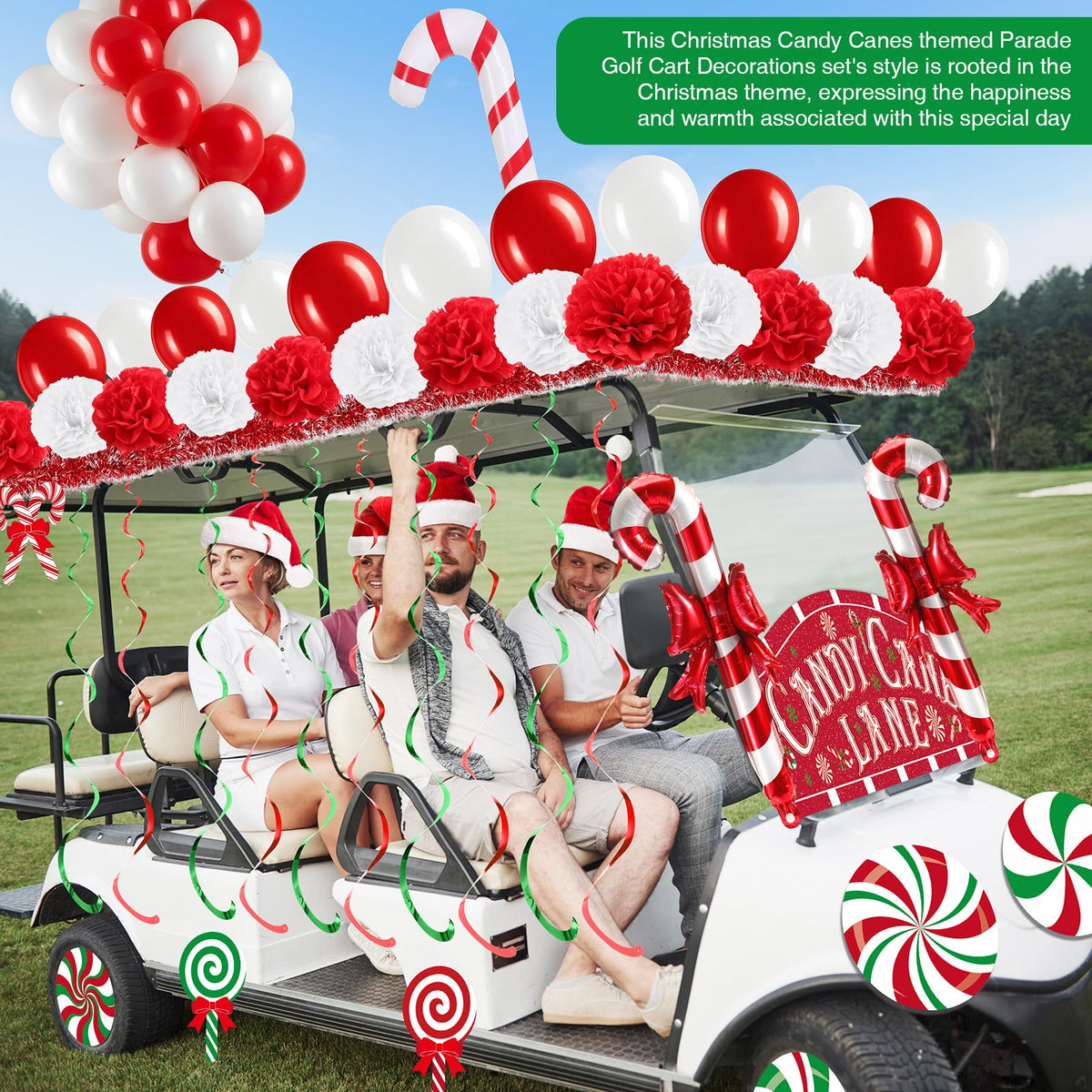 Soulchen red tinsel garlands frame the cart with Christmas sparkle