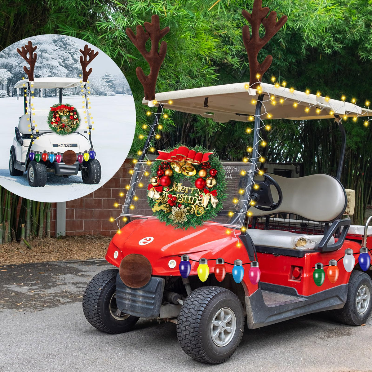 Soulchen yellow light strings illuminate festive details on the golf cart.
