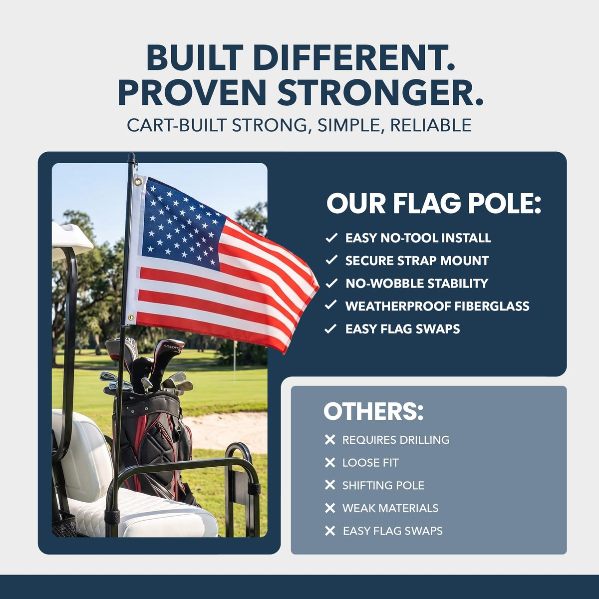 Black weatherproof finish blends with cart aesthetics and resists fading.