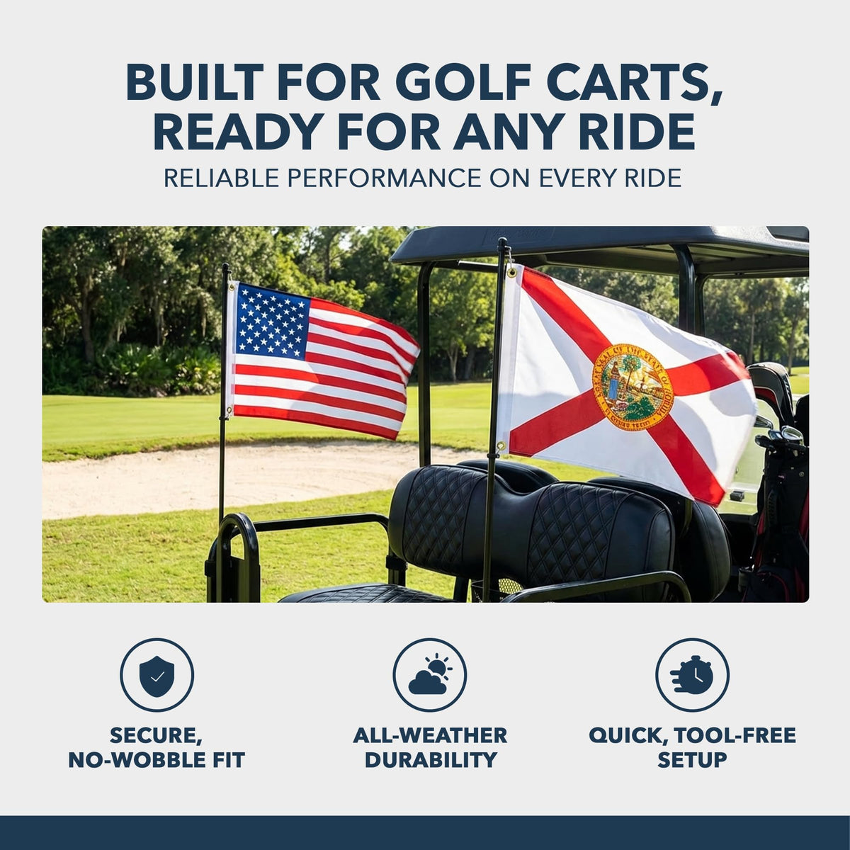 Elastic cinch straps secure flagpole for quick, tool-free installation and removal.