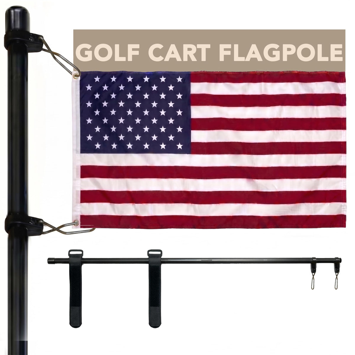 South Wind Designs flagpole secured to golf cart rear bar with elastic straps for quick setup.
