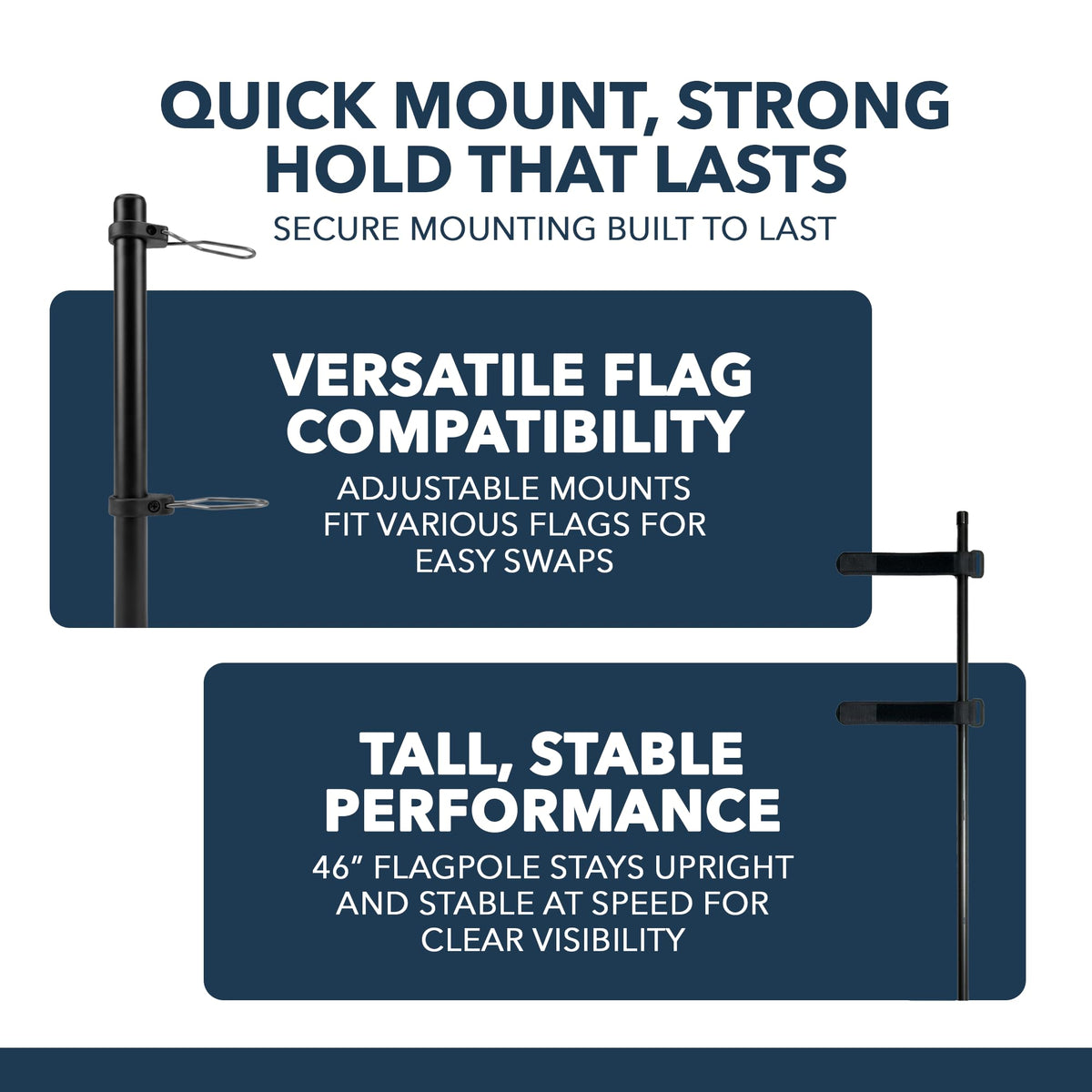 46-inch fiberglass flagpole withstands rain and wind while preserving flag visibility.