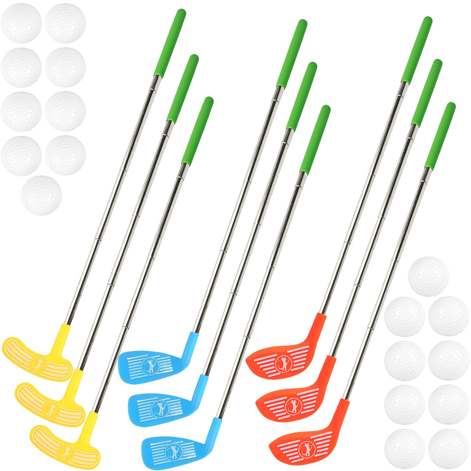 Spaluck mini golf clubs extended for adjustable play and growing kids.