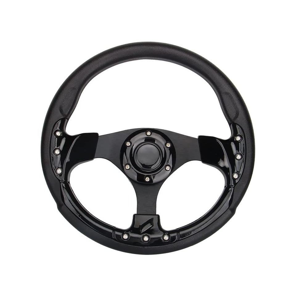 Spaorcco 12.5-inch steering wheel front view shows universal fit and sleek black finish.