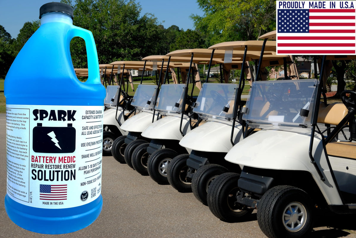 Golf cart battery with SPARK Battery Medic indicating extended life