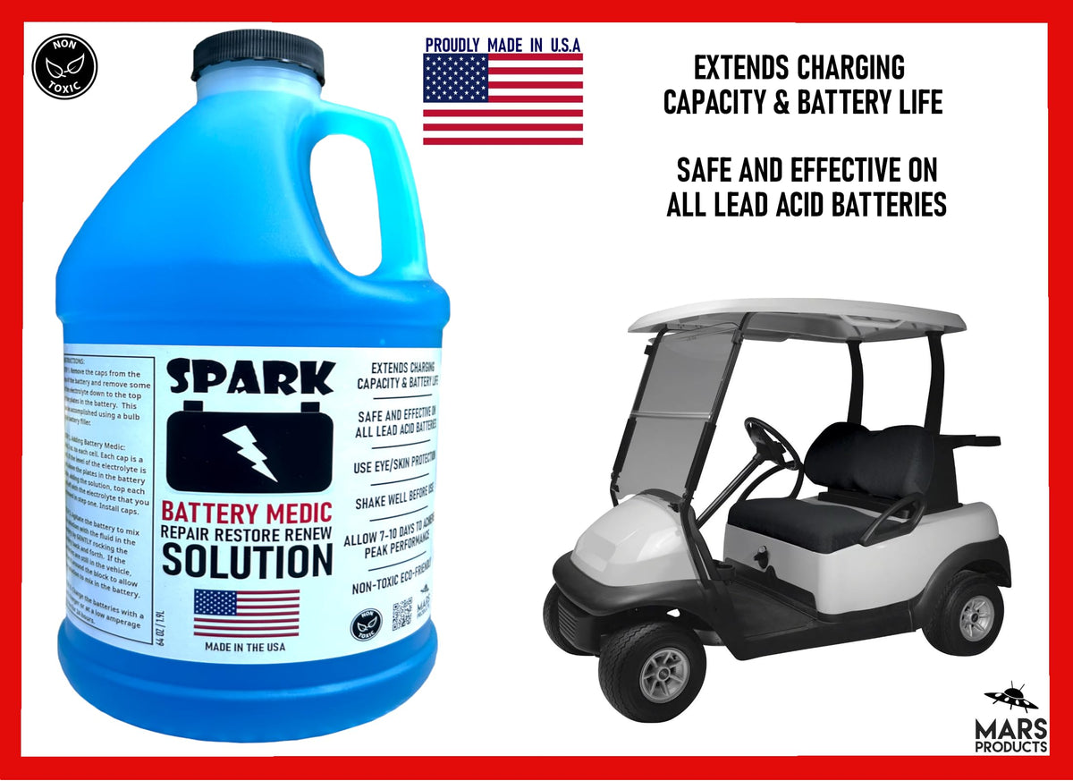 Close-up of SPARK Battery Medic label showing USA-made formula