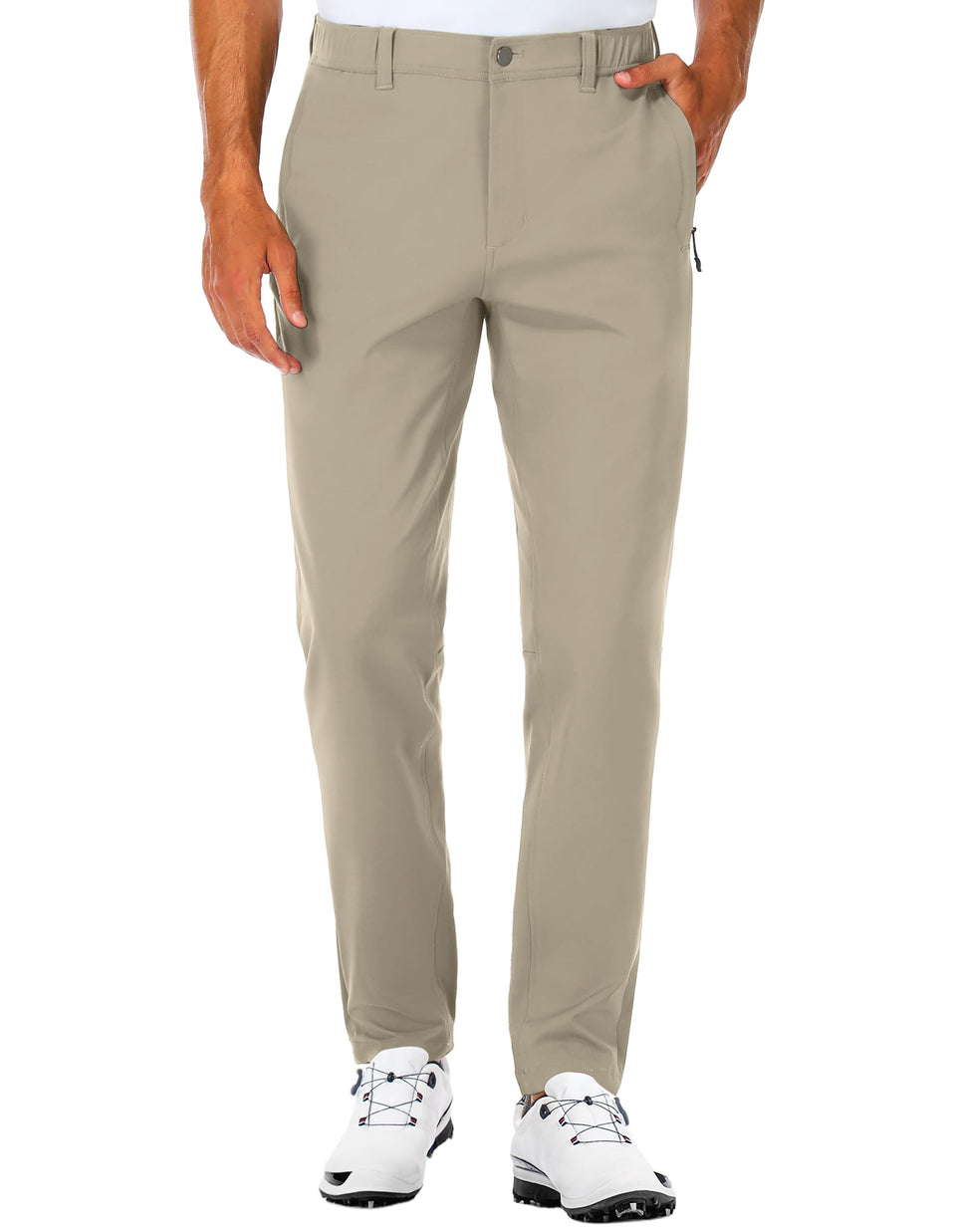 SpecialMagic Work Pants stone front view, slim fit for golf and office wear