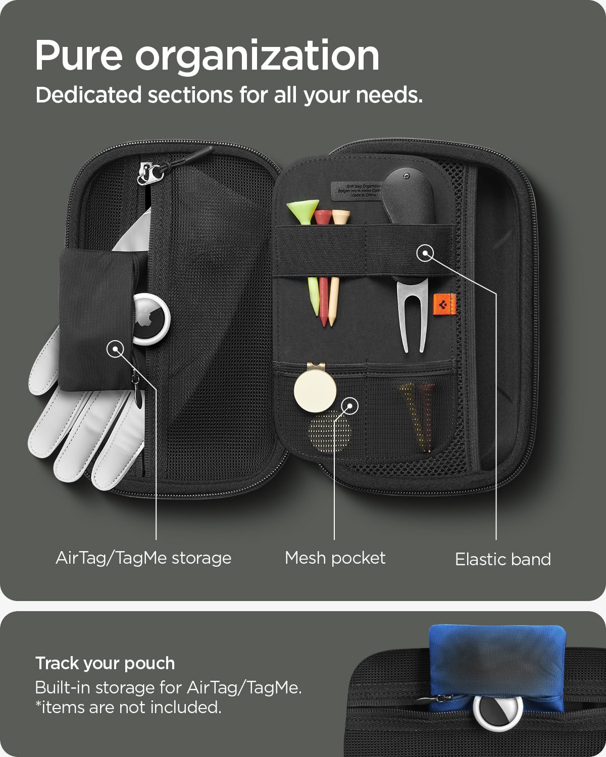 Spigen golf organizer pouch 180-degree flat design unfolds for quick access.