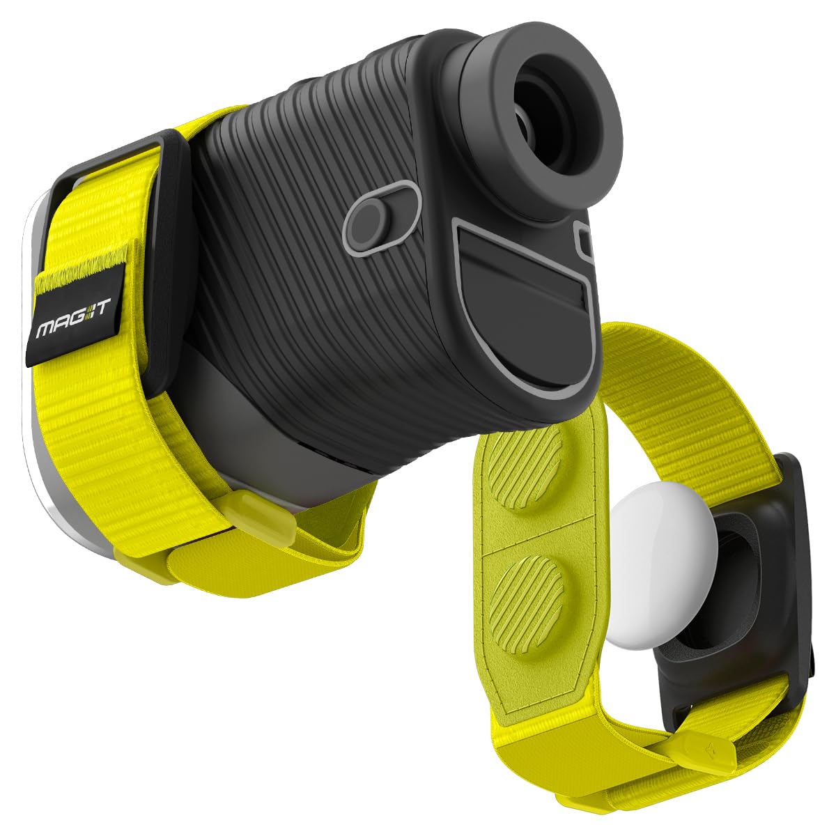 Spigen MAG-iT AirTag slot on neon-yellow holder keeps gear trackable.