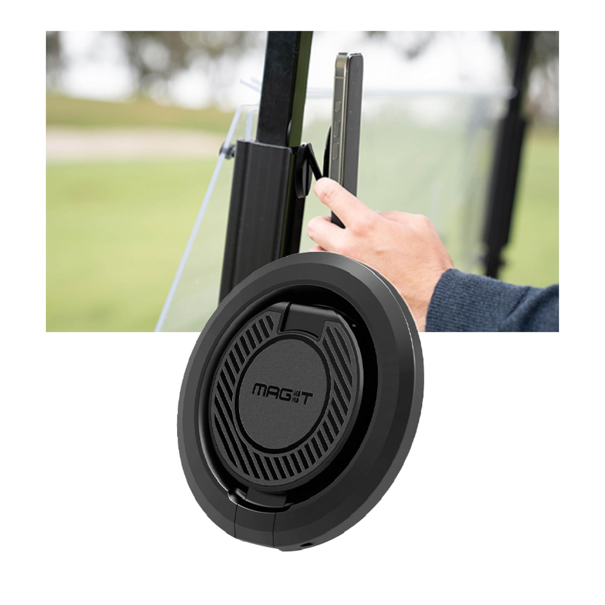 Spigen MAG-iT folds-flat golf cart mount on steel frame for quick iPhone access.