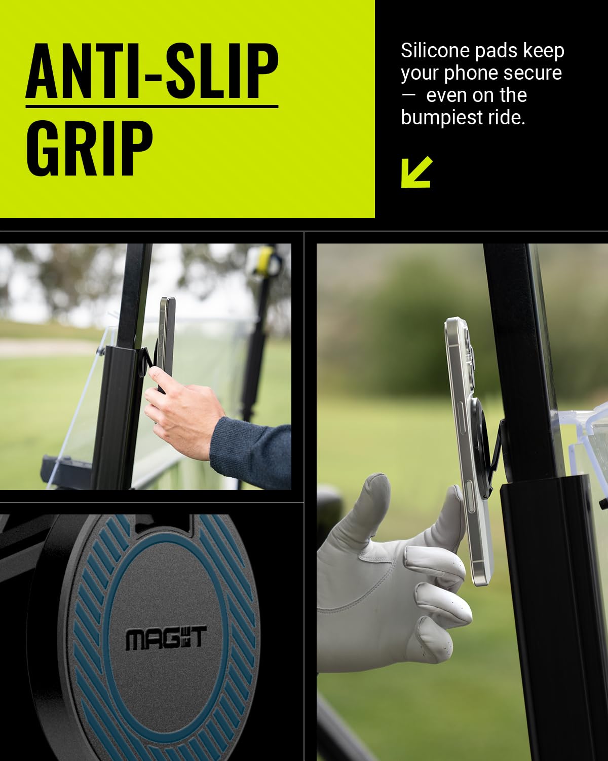 Spigen MAG-iT silicone grip pads stabilize your phone on bumpy cart paths.