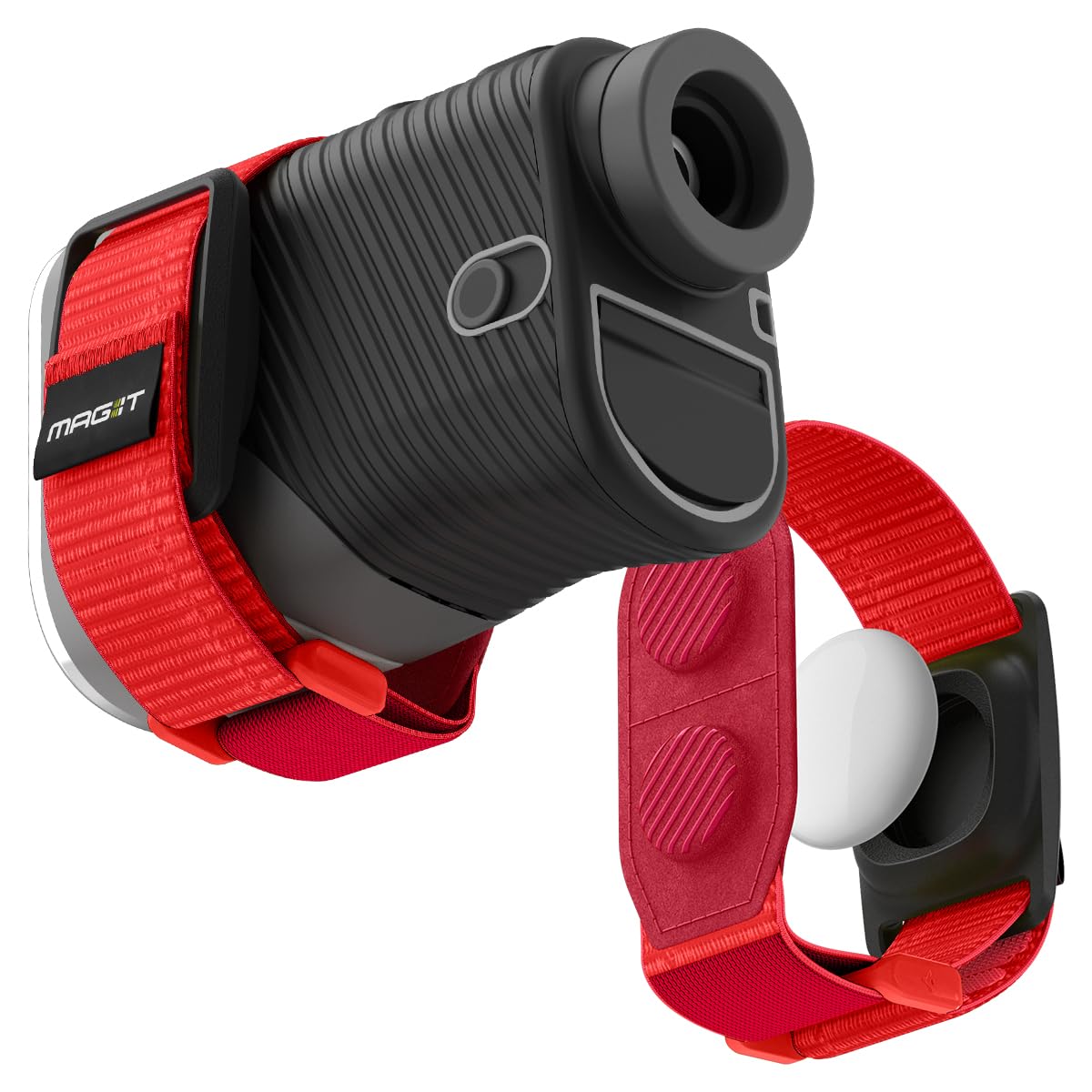 Spigen MAG-iT golf range finder strap with AirTag slot for quick Find My tracking